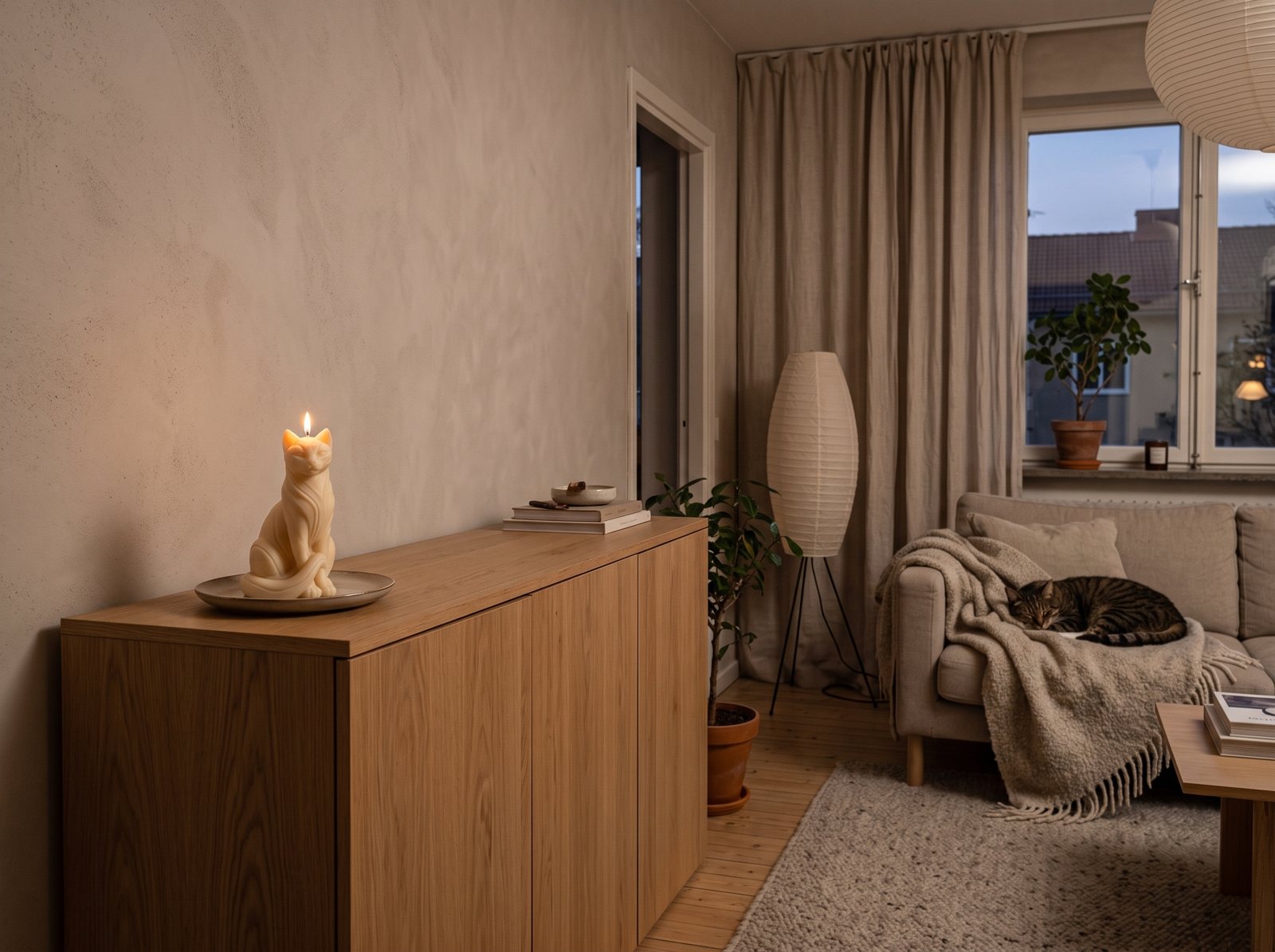 La bougie reste en hauteur, hors de portée ; le chat, lui, reste sur le canapé.